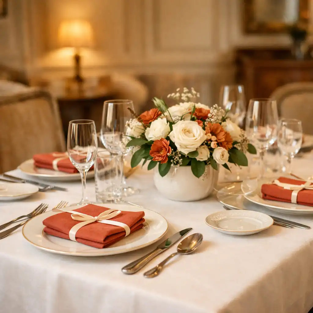 Elegánsan megterített asztal fehér abrosszal, porcelán étkészlettel, kristálypoharakkal és friss virágdísszel