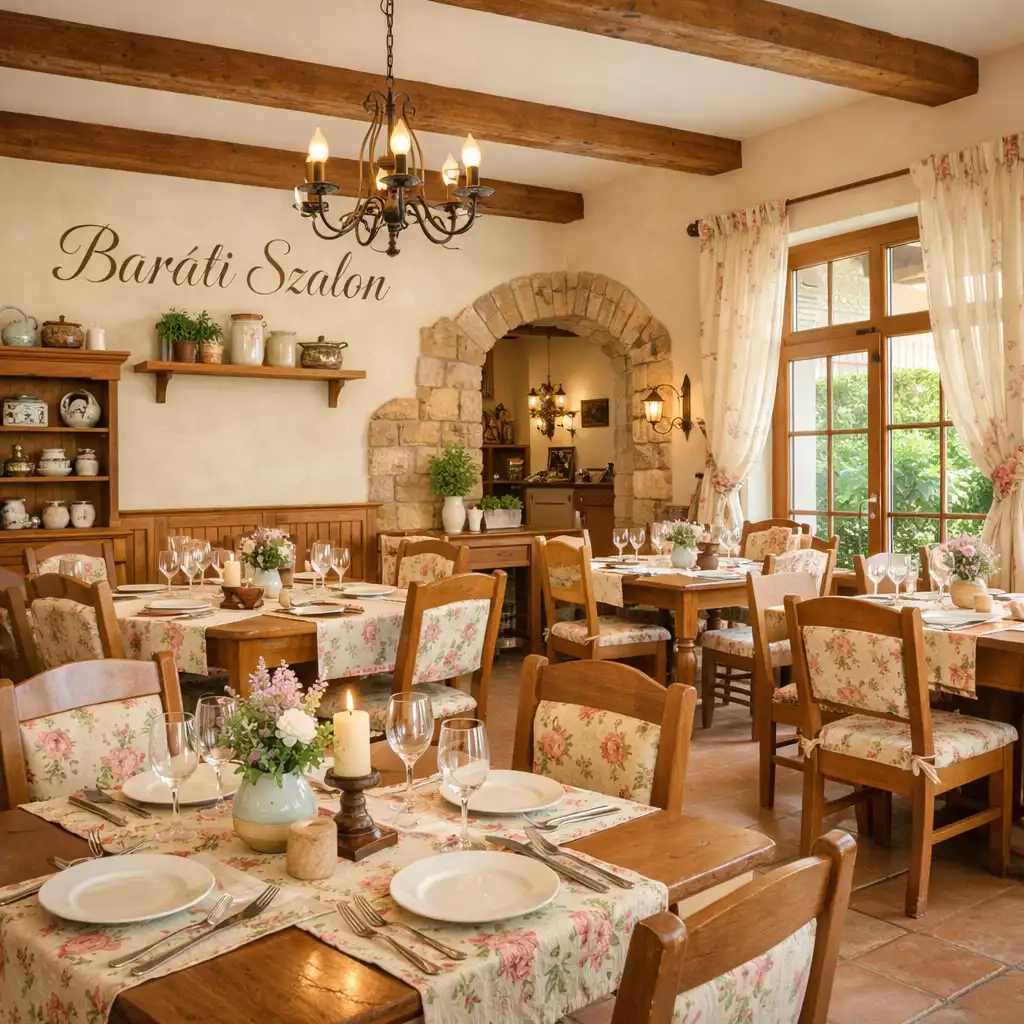 A Barati Szalon meleg, provence-i stílusú belső tere fa bútorokkal és terített asztalokkal